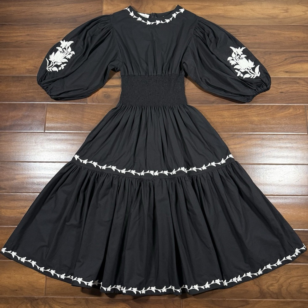 Fanm Mon Women's Size XS Black Embroidered Sundial Smocked Tiered Midi Dress